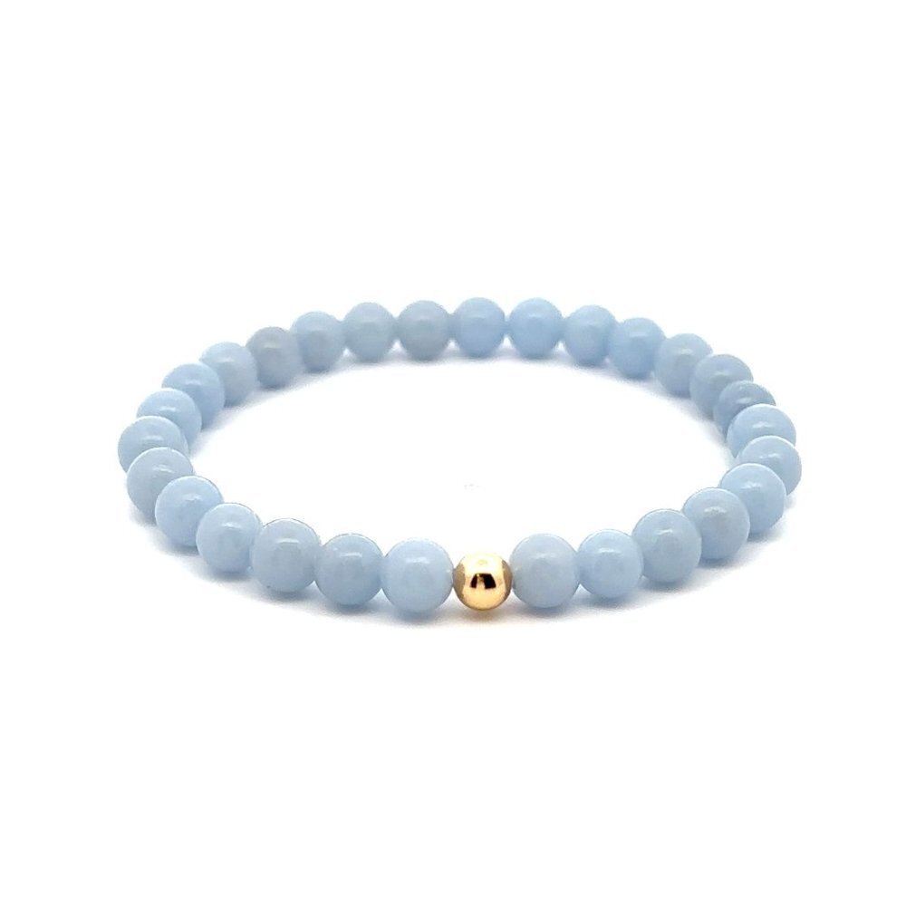 Natural Angelite Gemstones 6mm Stretchable Bracelet 18k Gold Bead Charm
